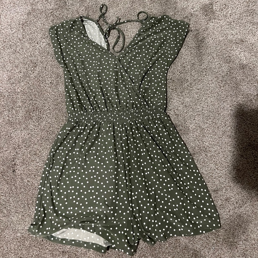 Green polk a dot romper. Size S